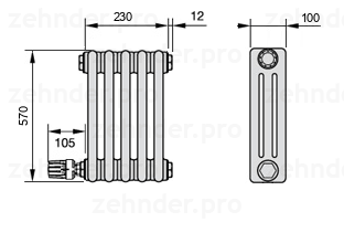Схема (чертеж) Радиатор Zehnder Charleston 3057/5 №V003 Technoline TL